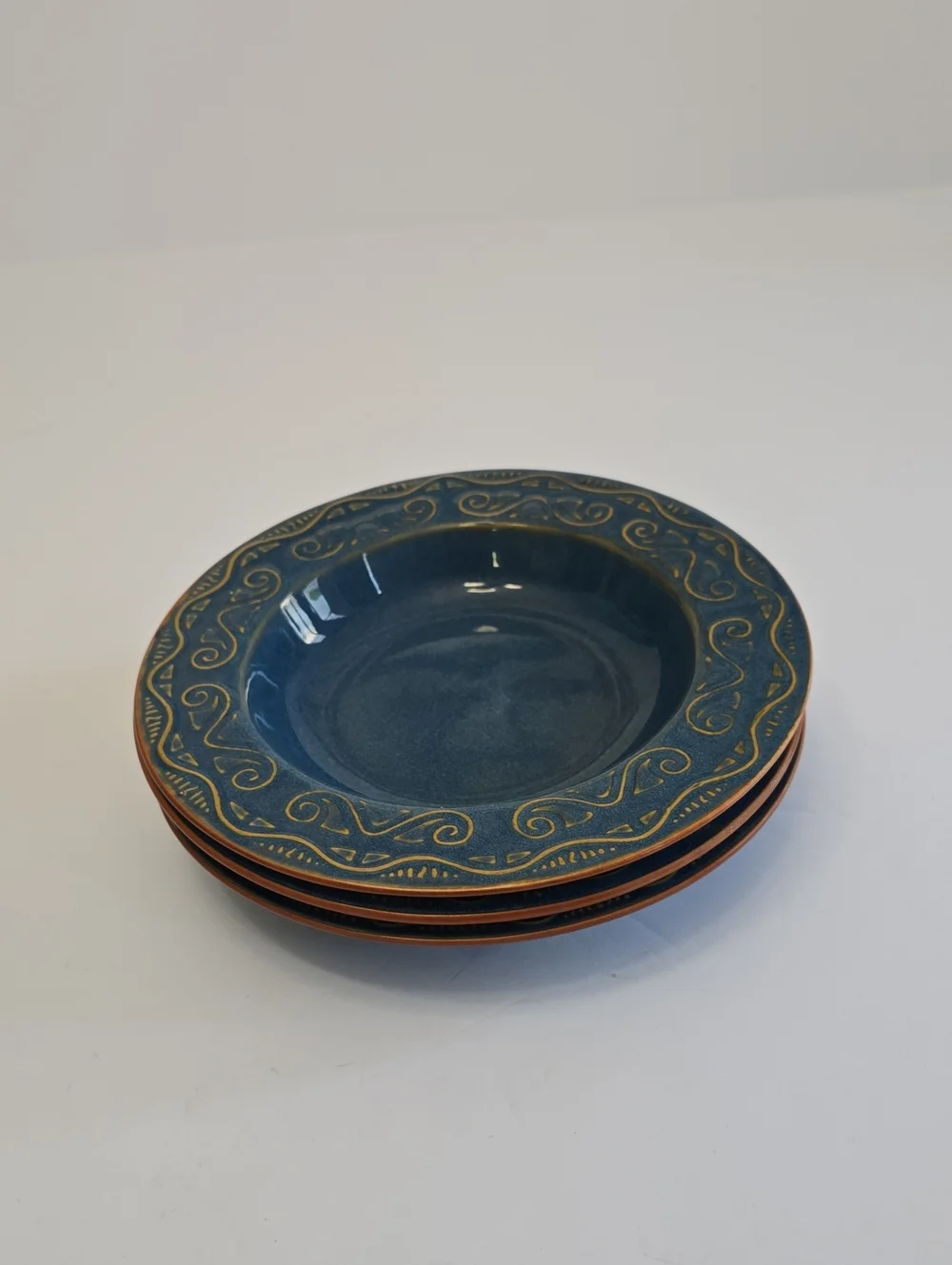 Pier 1 Set Of 3 Tunisia Soup Bowls Stoneware Blue Scroll Design